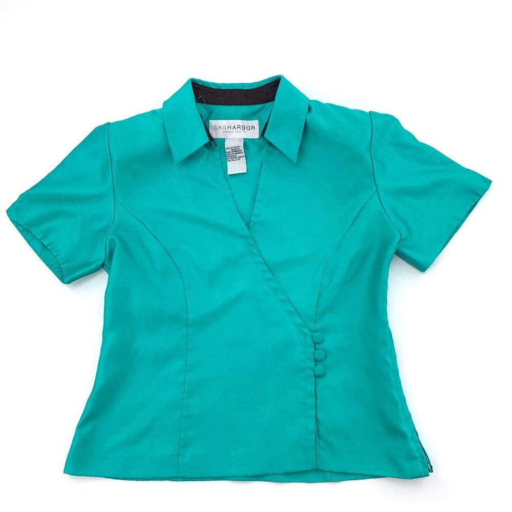 Sag Harbor Beautiful Shiny Green Blouse 6 Petite Shoulder Pads Uniform Collared
